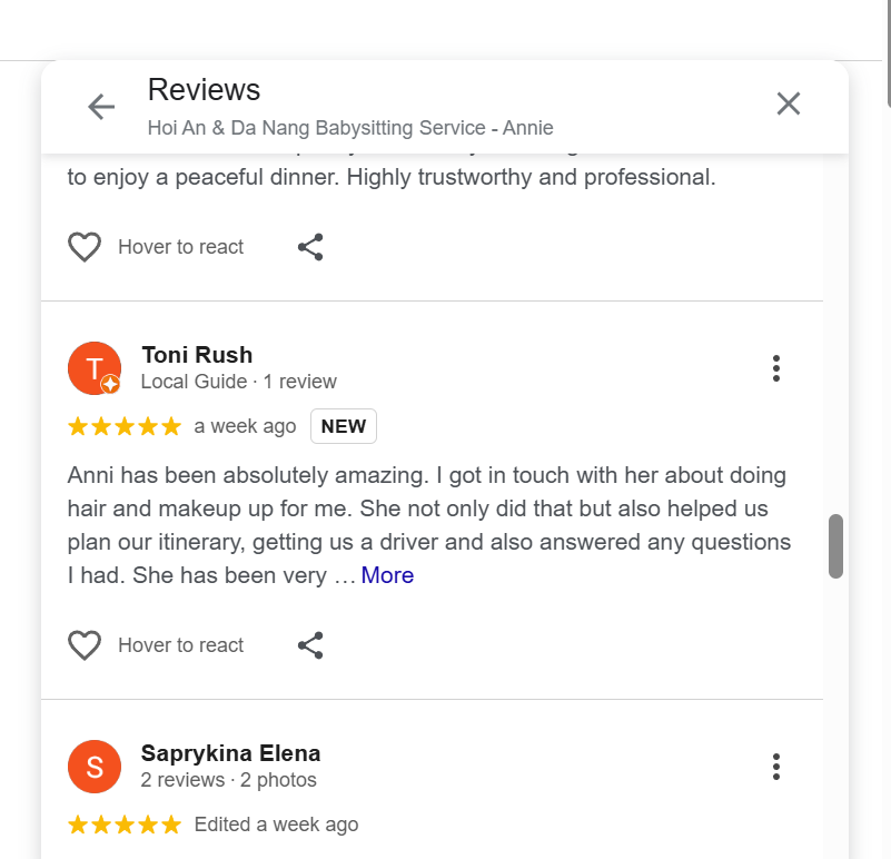 Client review for Annie hair and makeup service in Hoi An